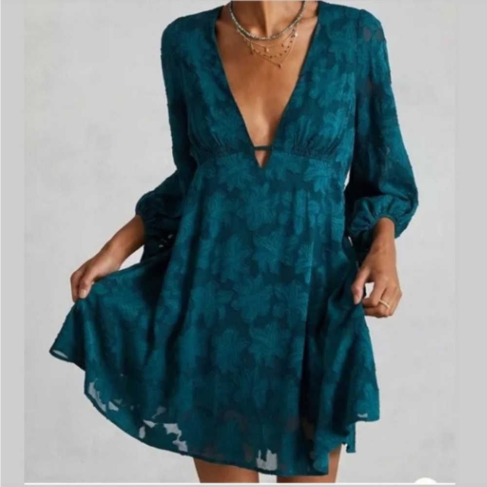 Anthropologie Green and Blue Wrap Sundress with Plunge Neckline